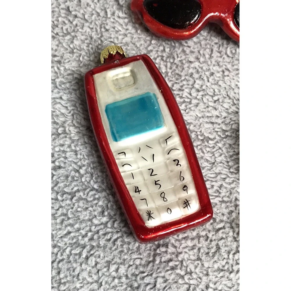 Busy Girl Blown Glass Christmas Ornaments Set of 3 Cell Phone Sunglasses‎